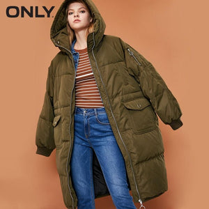 ONLY  womens' winter new hooded white duck down long down jacket Multi-pocket design Raglan sleeve|118312575