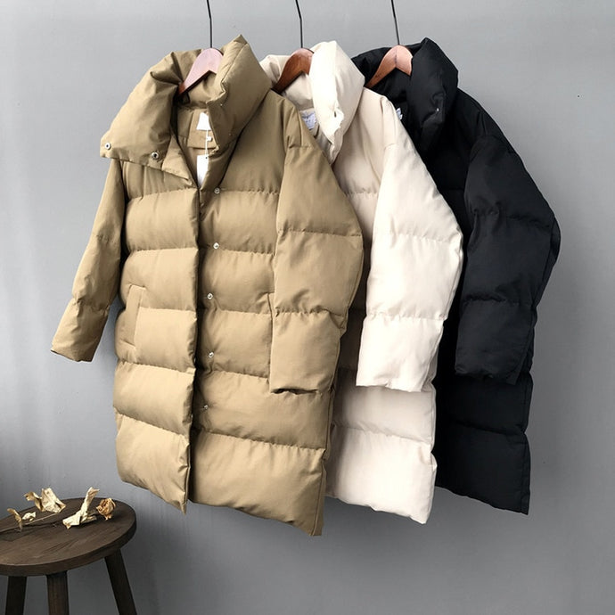 RICORIT 2019 New Winter Hooded Long Sleeve Solid Color Cotton-padded Warm Loose Long Puffer Jacket Women parkas Coat